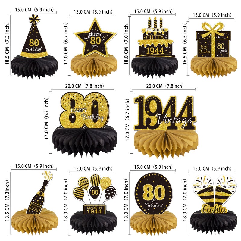 Gexolenu 10PCS 80th Birthday Decorations Centerpieces for Table Decorations, 2024 Vintage 1944 Honeycomb Table Topper Back in 1944 Birthday Party Decoration for Men and Women (Gold & Black, 80 Years) - Image 2
